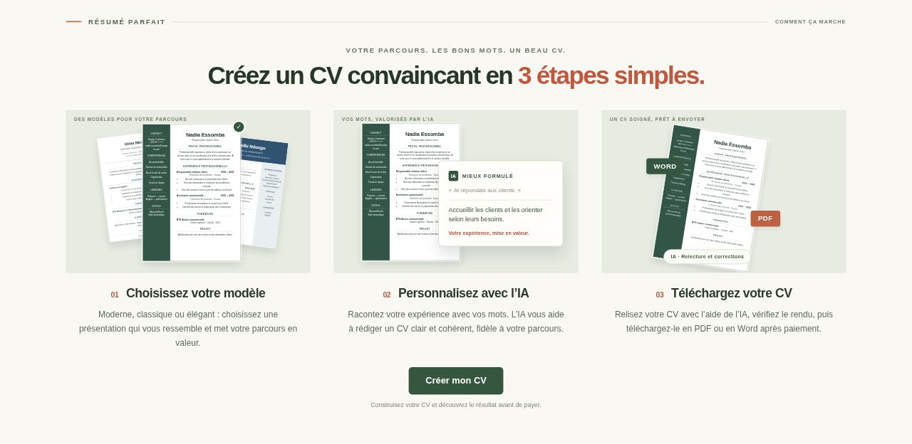 Three CV templates, including Nadia Essomba’s fictional example.